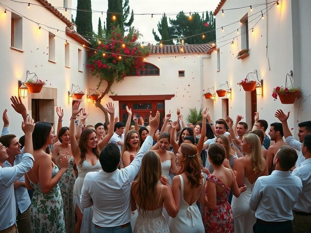 Invitados de boda coreando canciones indie en el patio de una finca española