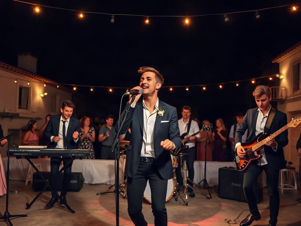 Grupo de versiones indie tocando en directo en una boda nocturna en una finca