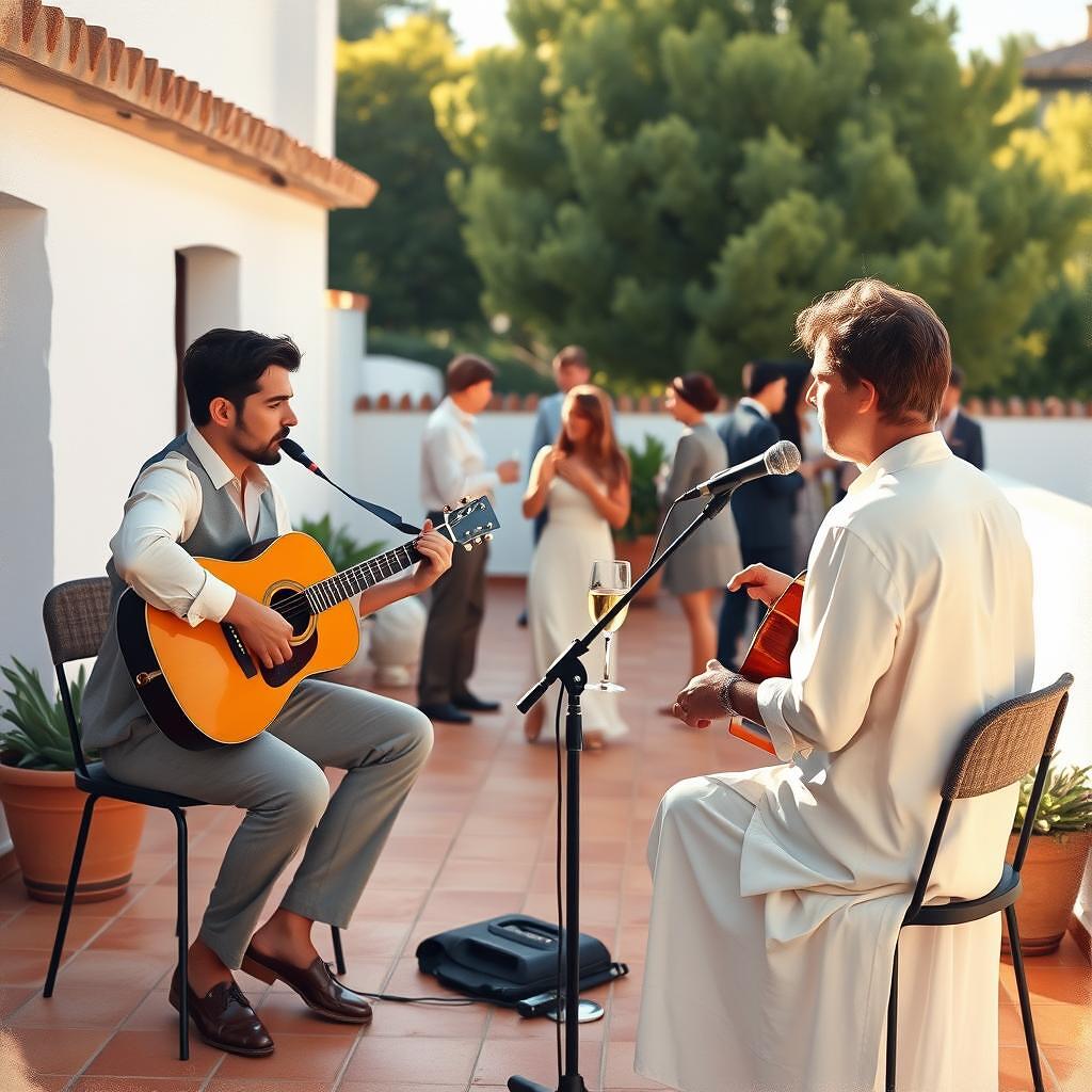 Dúo acústico tocando en el cóctel de una boda civil en finca mediterránea