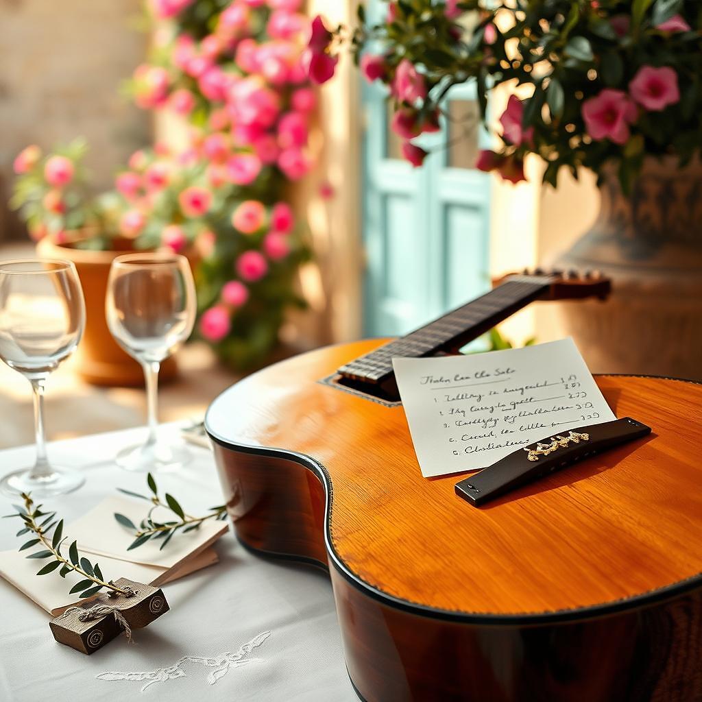 Mesa de boda con guitarra acústica vintage, copa de vino y setlist manuscrito en una finca andaluza