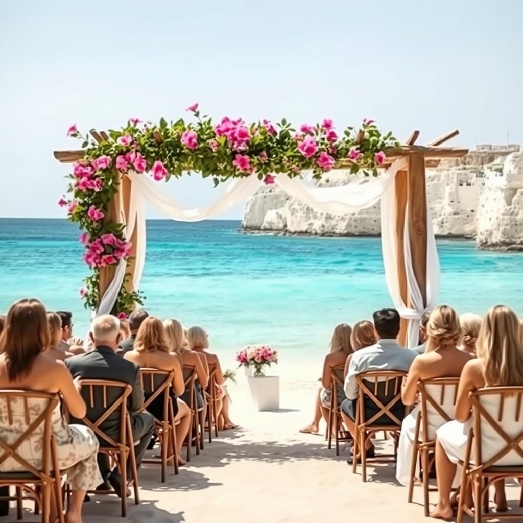 Ceremonia íntima junto a una cala de Ibiza con arco floral y mar turquesa