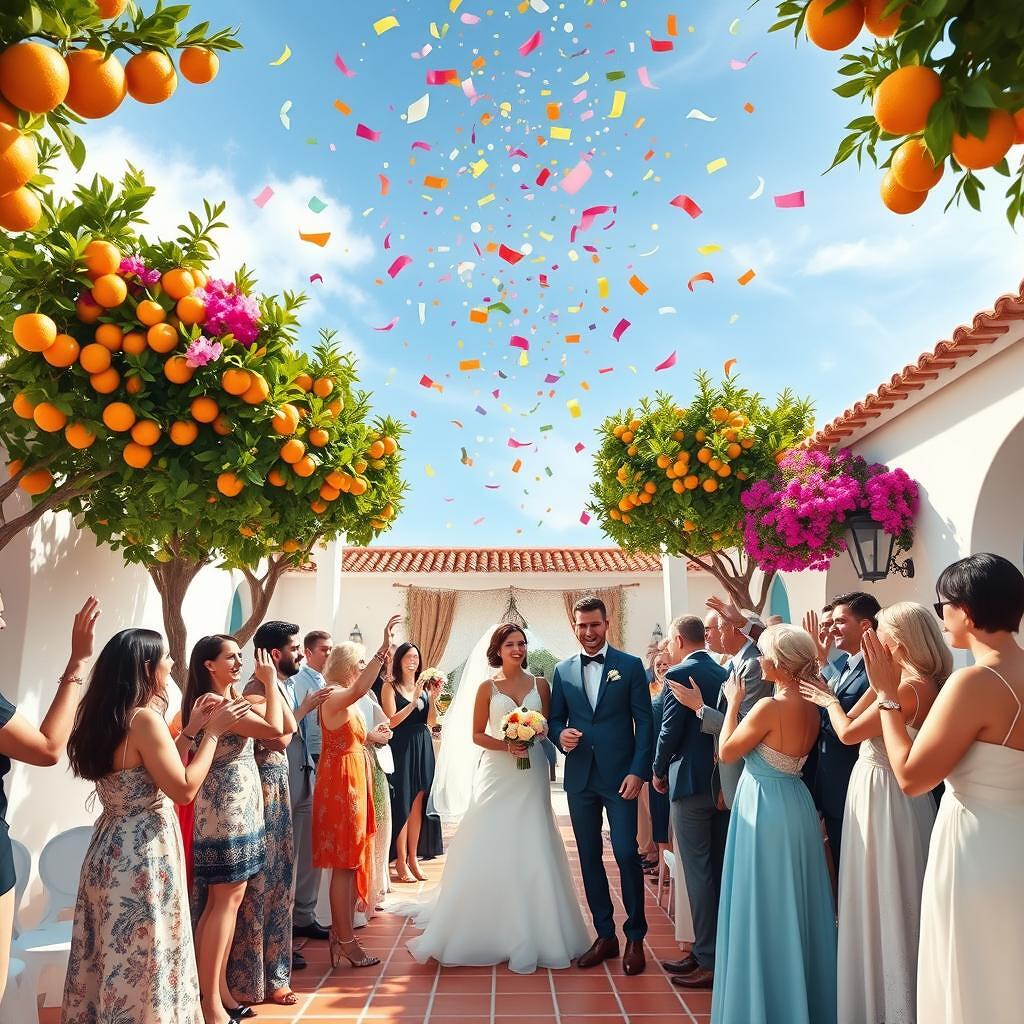 Lluvia de confeti biodegradable sobre los novios y los invitados en el patio de una finca española