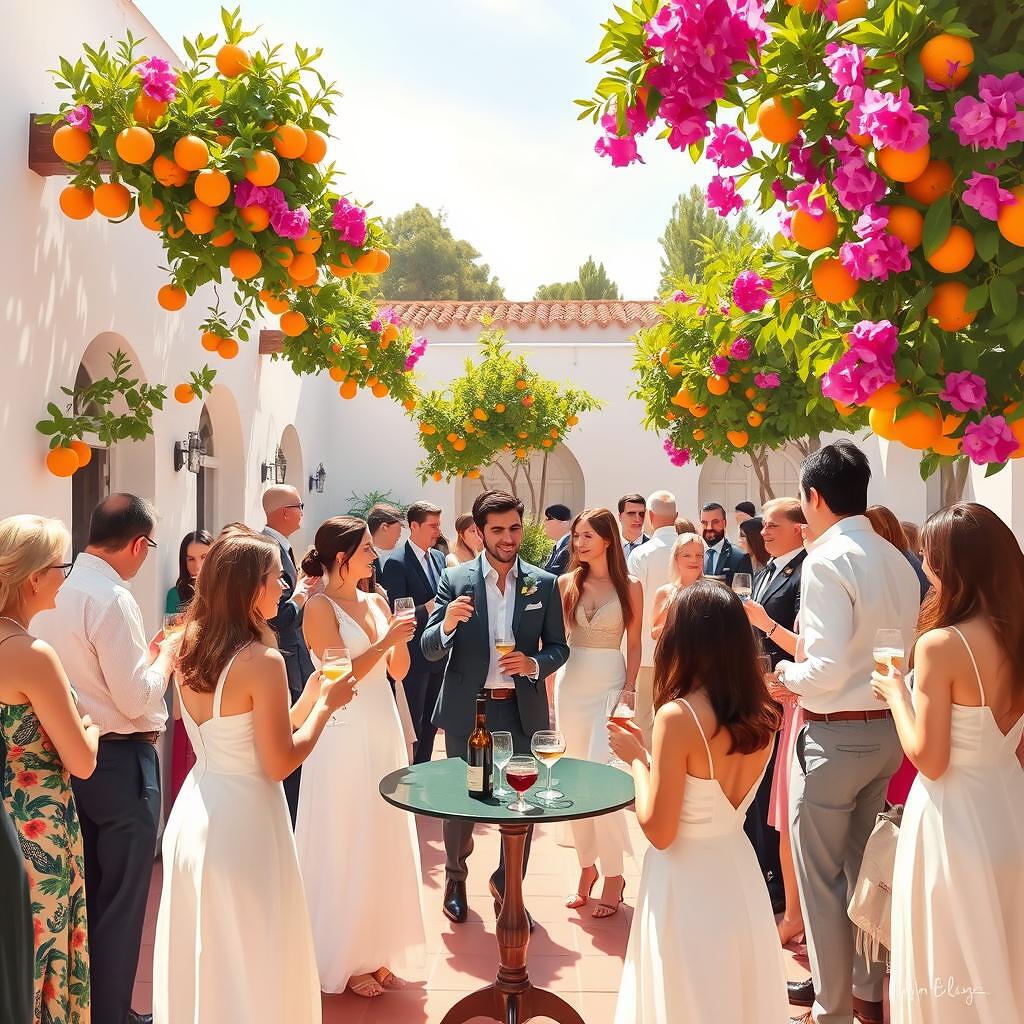 Cóctel de boda al aire libre en un jardín valenciano con naranjos e invitados elegantes