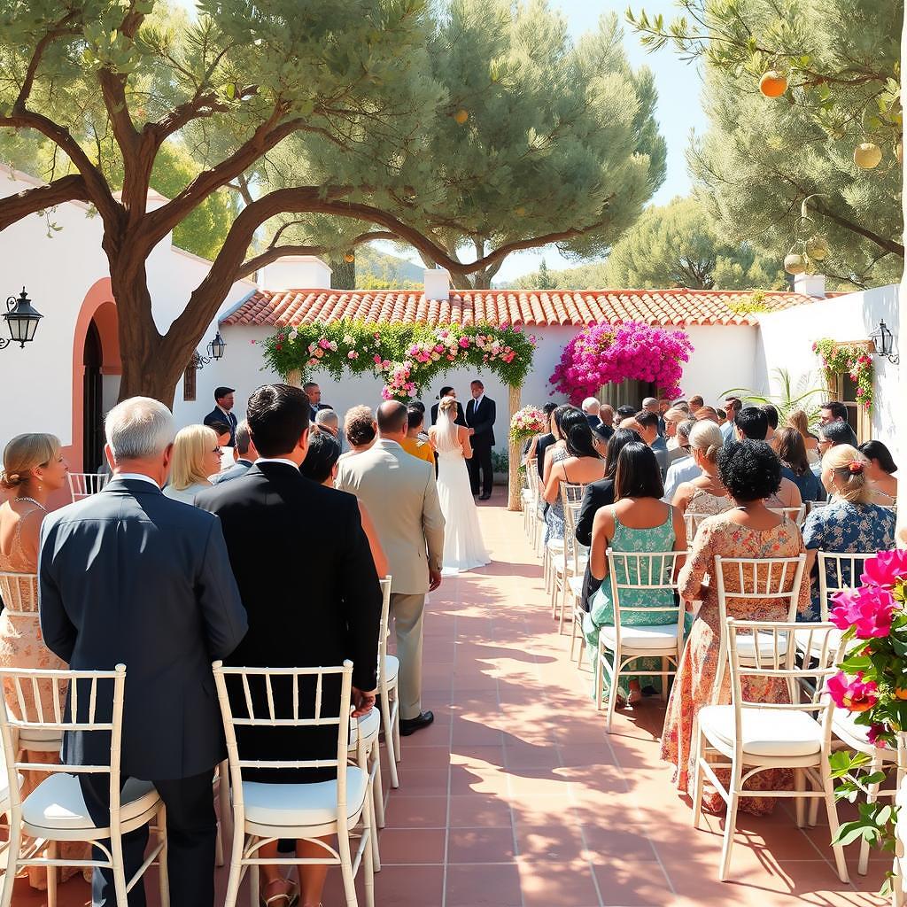 Invitados llegando y sentándose para una ceremonia de boda al aire libre en una finca española