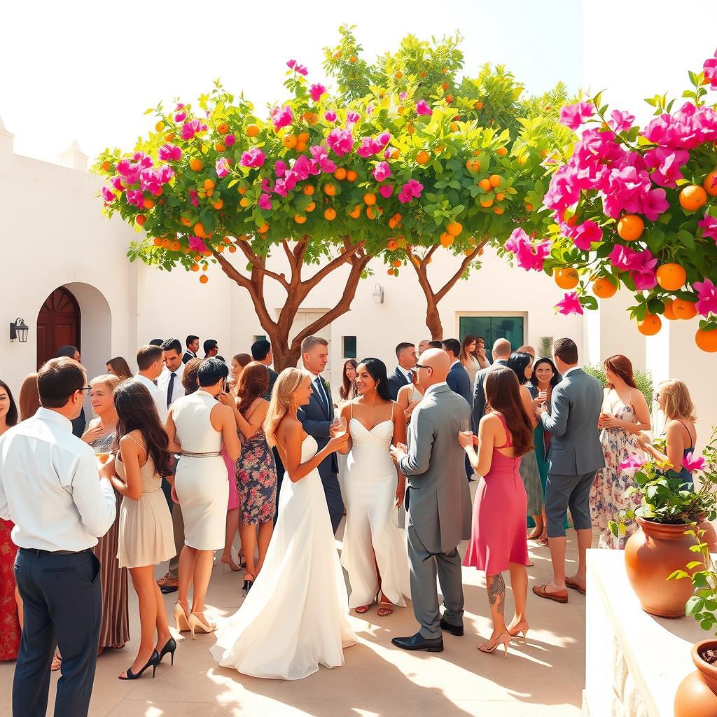 Cóctel de boda en el jardín de un cortijo andaluz con naranjos y buganvillas