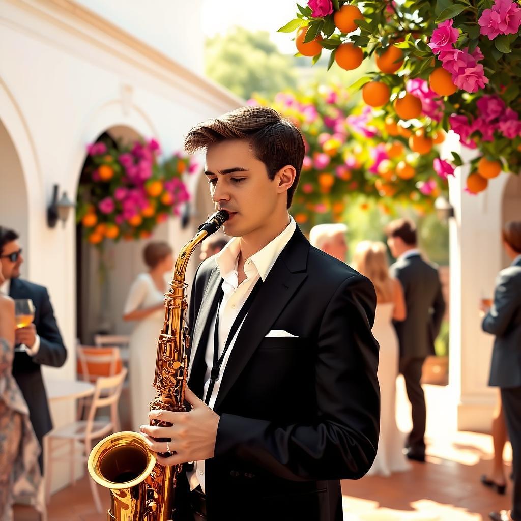 Saxofonista en directo durante el cóctel de una boda en una finca española con naranjos