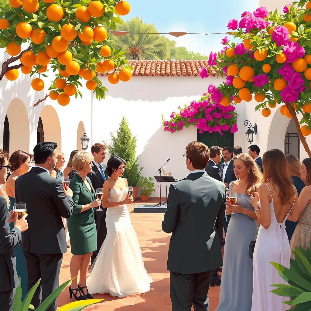 Cóctel de boda en una finca española con invitados y música en directo