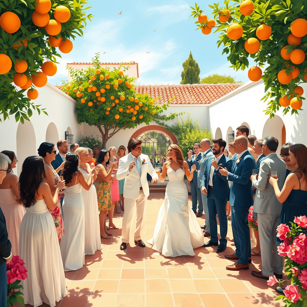 Invitados de boda cantando y brindando en un jardín español soleado con naranjos
