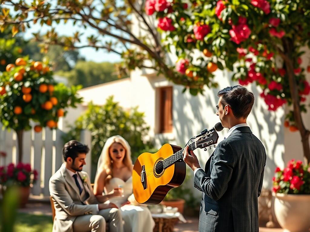 Serenata sorpresa con guitarra acústica para los novios en el cóctel de una boda en una finca española