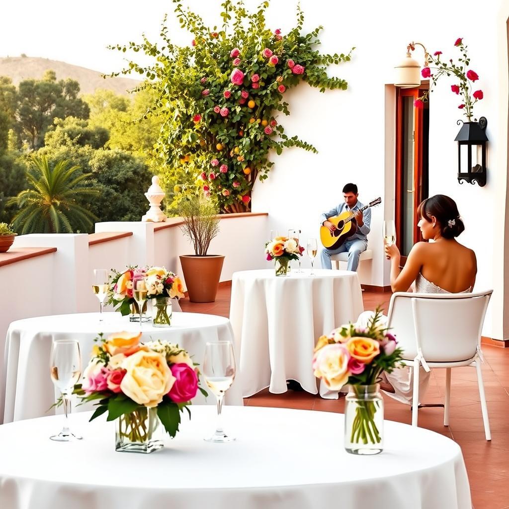 Dúo acústico tocando en el cóctel de una boda civil en finca mediterránea