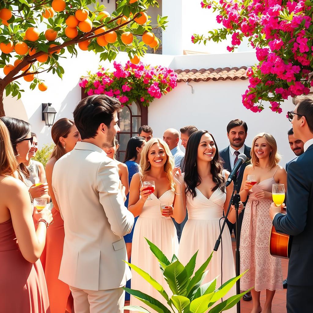 Cóctel de boda al aire libre en una finca española con invitados y música en directo