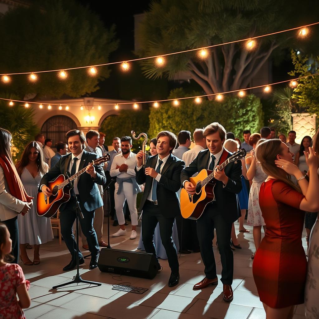 Grupo de música en directo tocando en la fiesta de una boda civil al aire libre