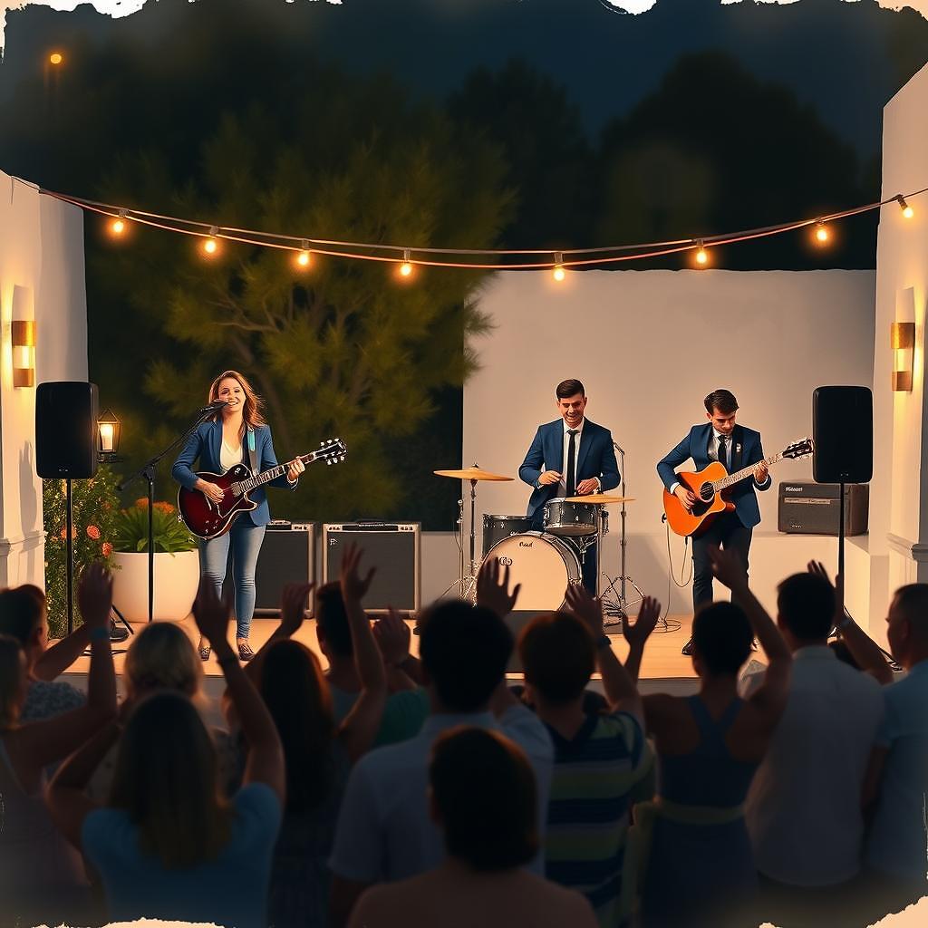 Grupo de boda en directo tocando en una finca española de noche con público bailando bajo guirnaldas de luces