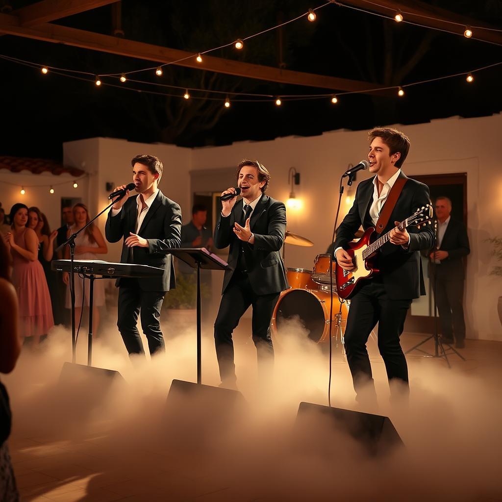 Banda joven tocando en directo en una boda con humo bajo cubriendo la pista de baile