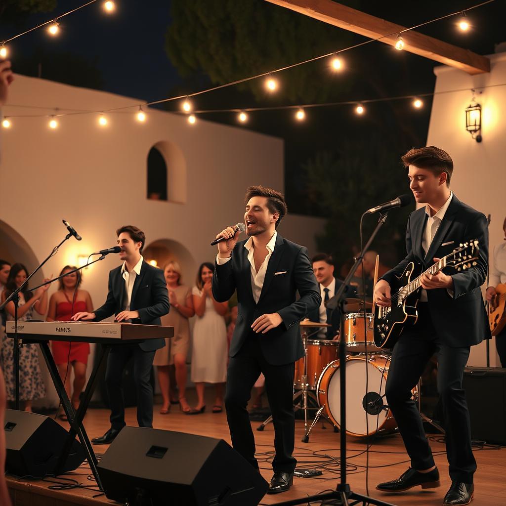 Banda en directo joven tocando de noche en una boda en una finca española
