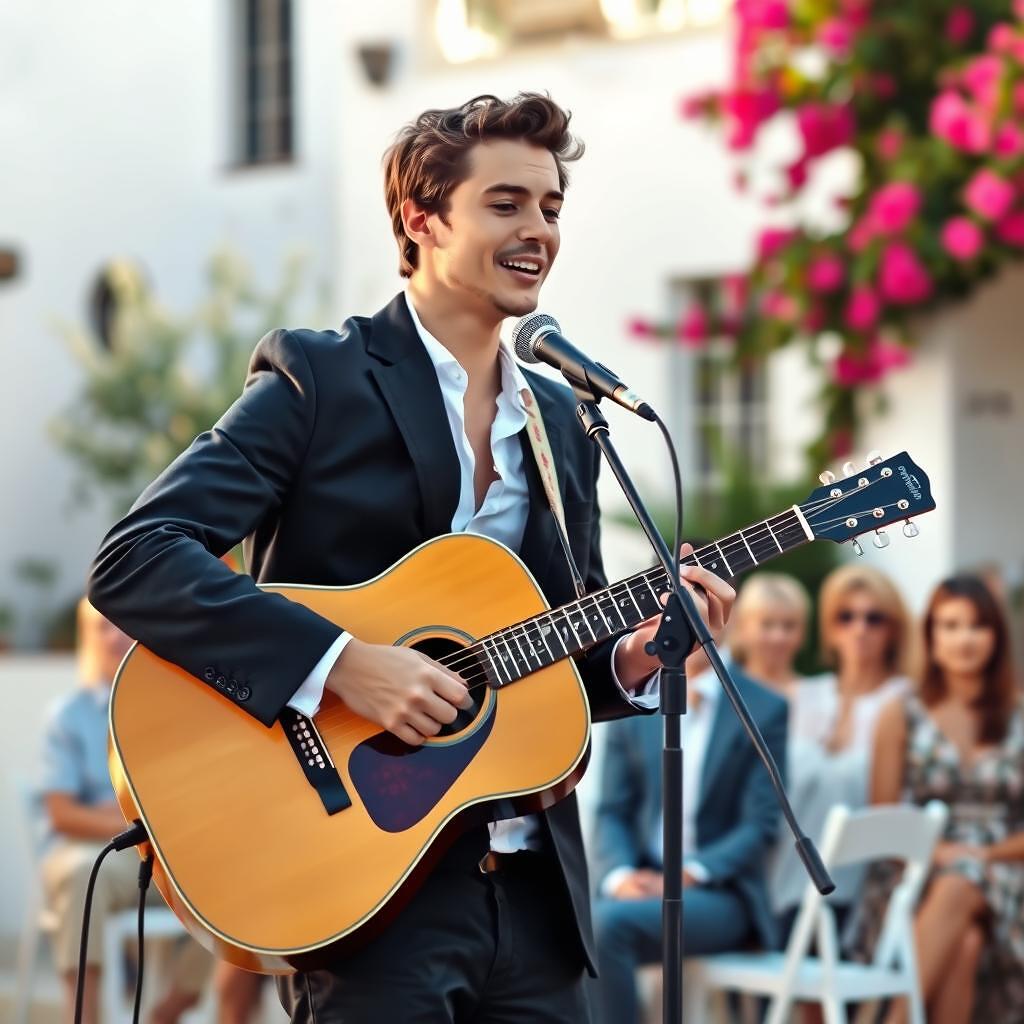 Músico acústico joven tocando la guitarra y cantando en directo en una ceremonia de boda al aire libre