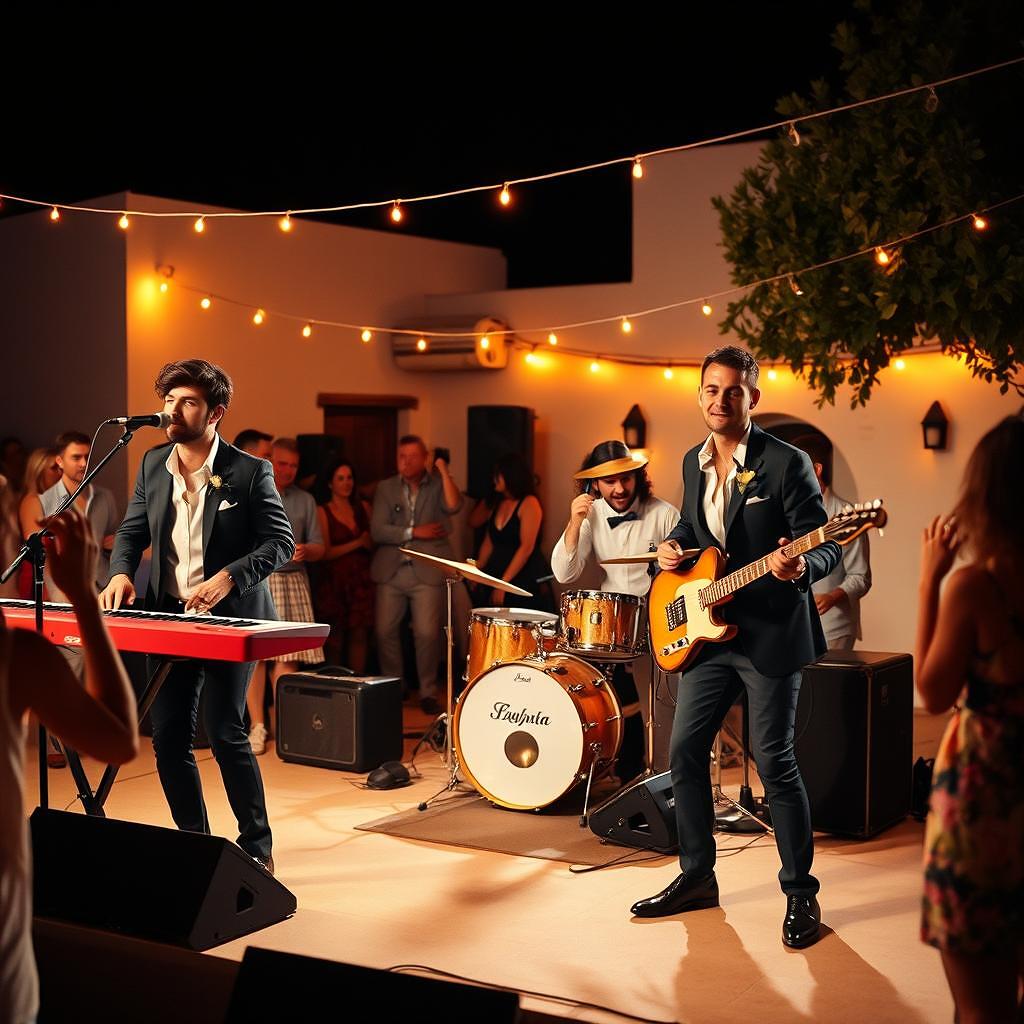 Banda de música en directo tocando en la fiesta de una boda en una finca andaluza de noche