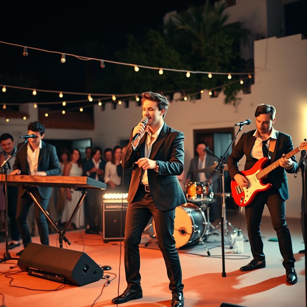 Banda en directo tocando en la fiesta de una boda al aire libre en una finca