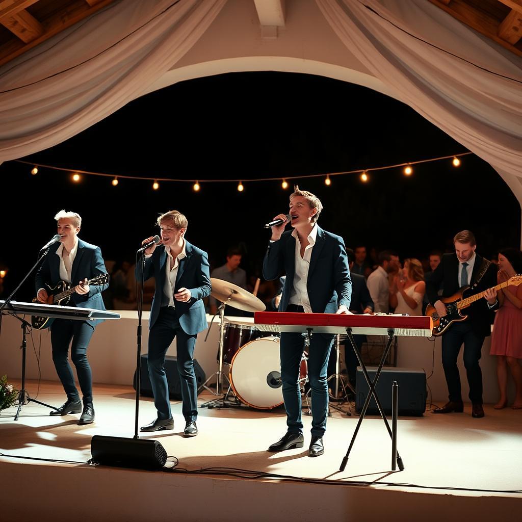 Banda de música en directo tocando en la fiesta de una boda al aire libre