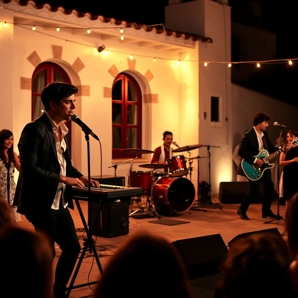 Banda de versiones en directo tocando de noche en una boda en una finca española