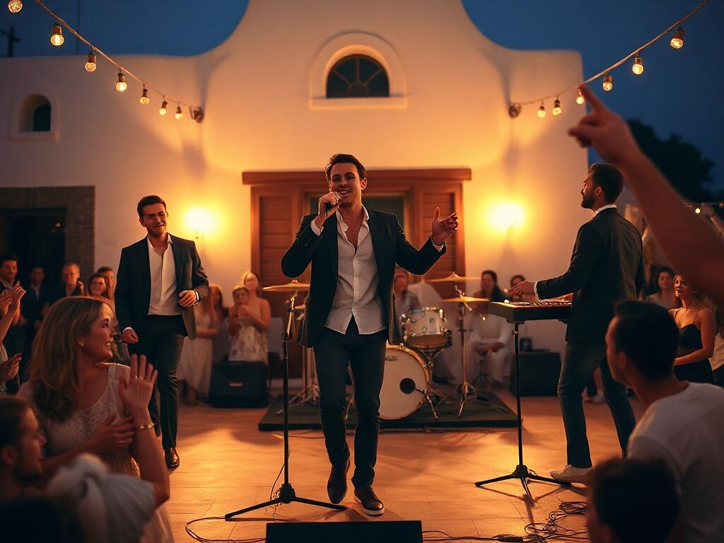 Banda en directo encendiendo la pista de baile en una boda de noche en una finca española