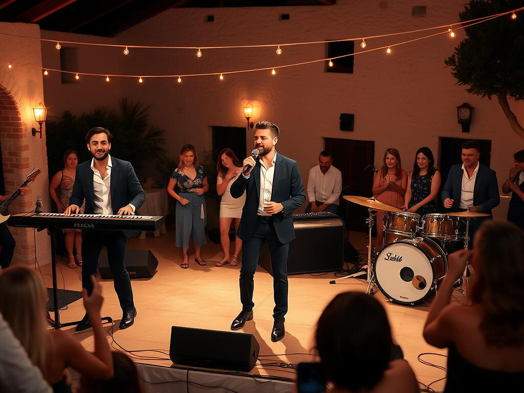 Banda de música en directo tocando de noche en el escenario de una boda en una masía de la Costa Brava
