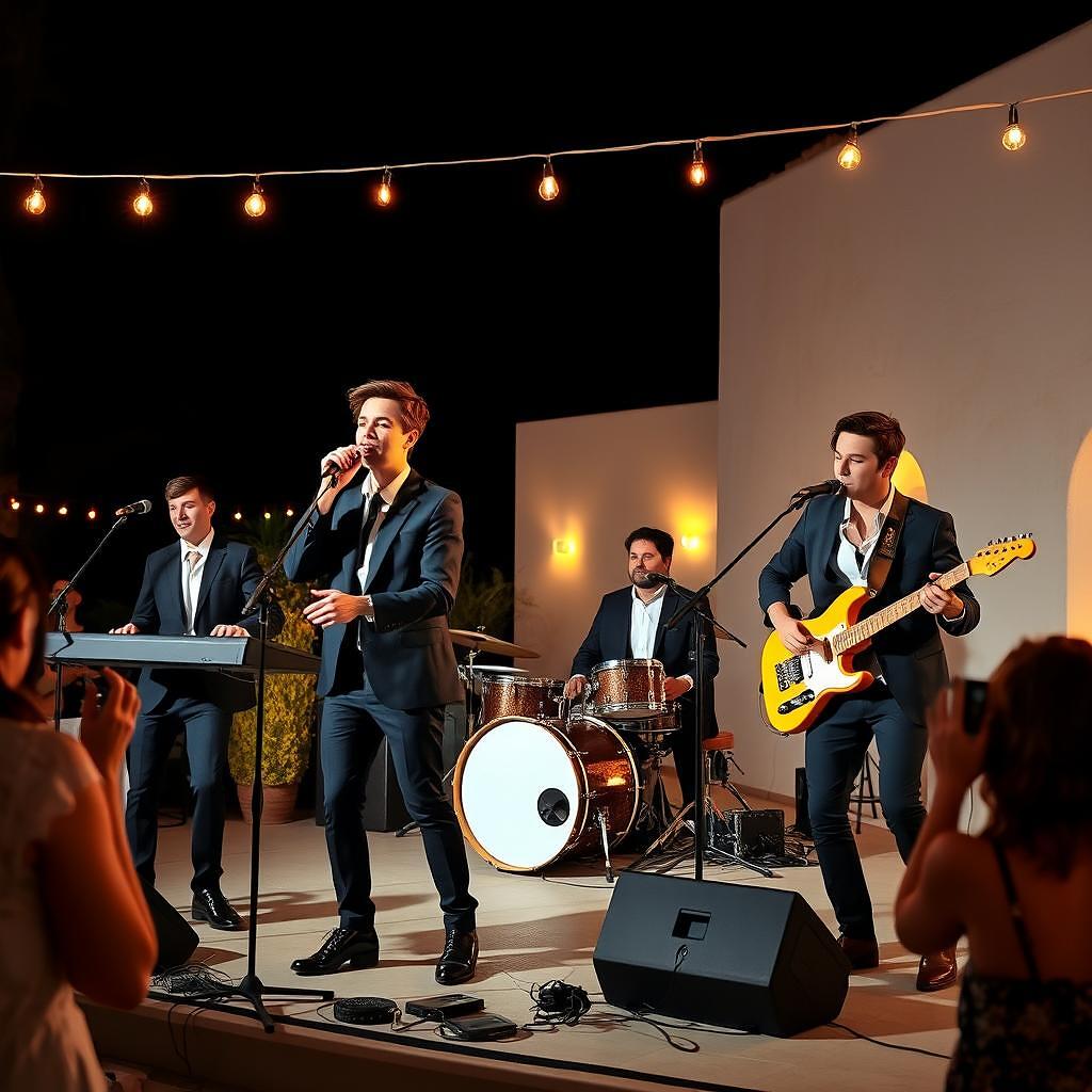 Banda joven de versiones tocando en directo en la fiesta de una boda en una finca valenciana de noche