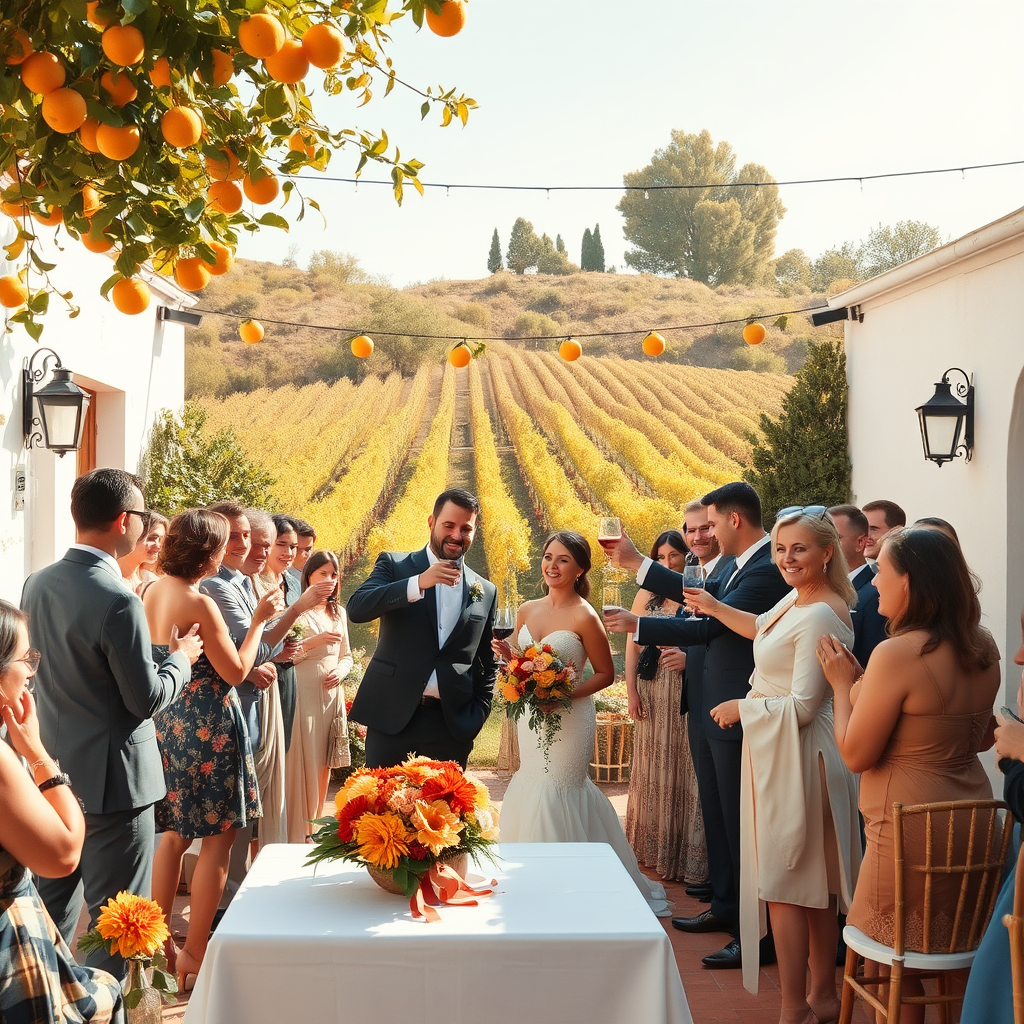 Cóctel de una boda de otoño en una finca española con viñedos al fondo