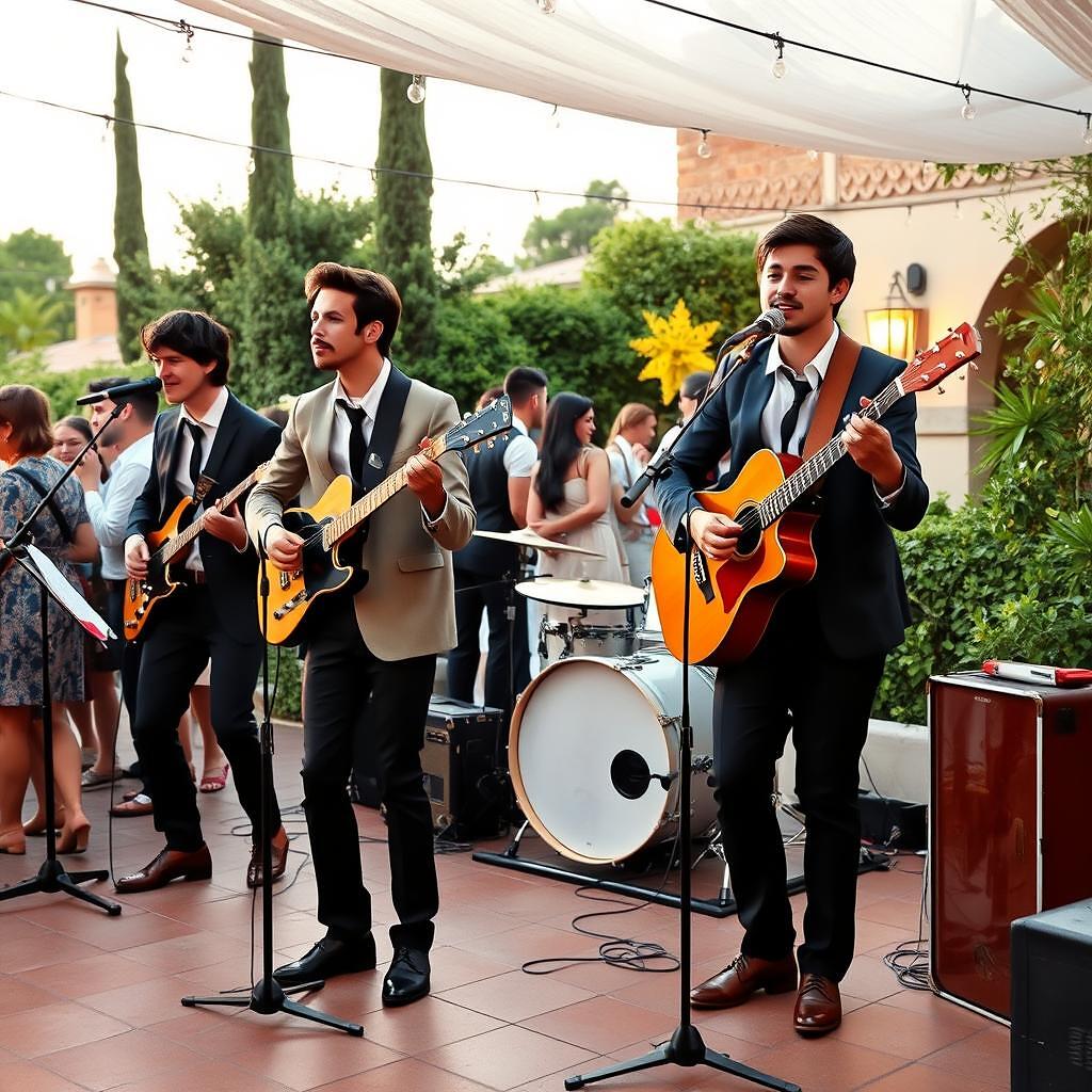 Grupo de música en directo tocando en boda española al aire libre