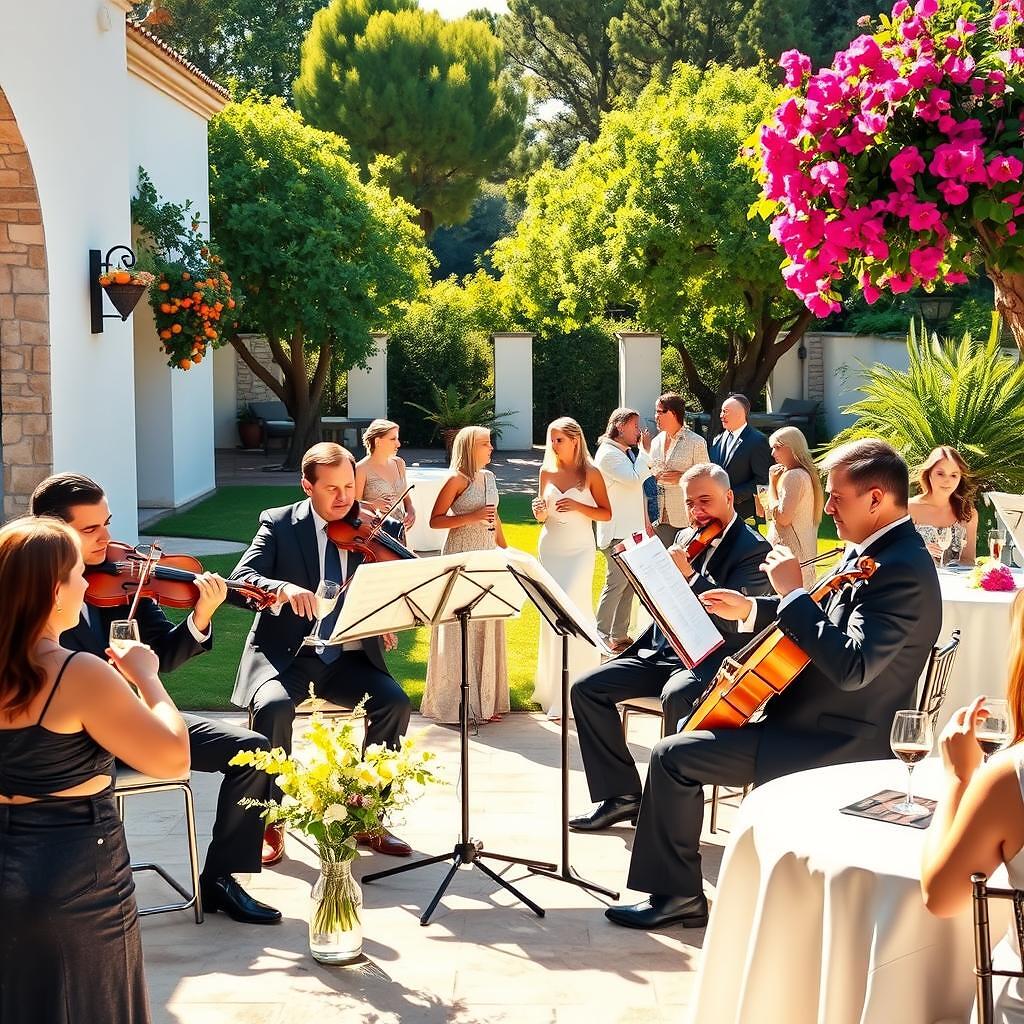 Cuarteto de cuerdas tocando en directo en el cóctel exterior de una boda mediterránea