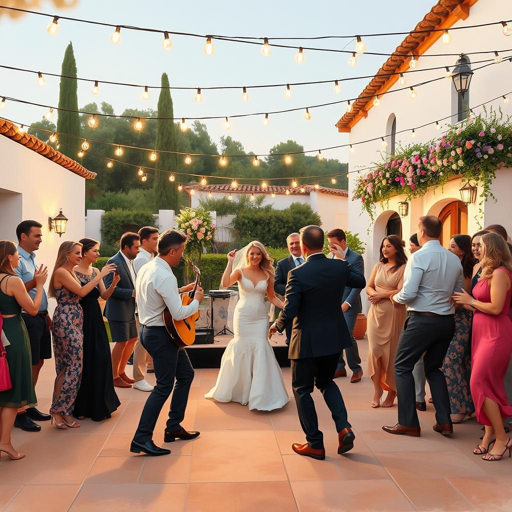 Banda de pop funk tocando en vivo en la fiesta de una boda en jardín mediterráneo
