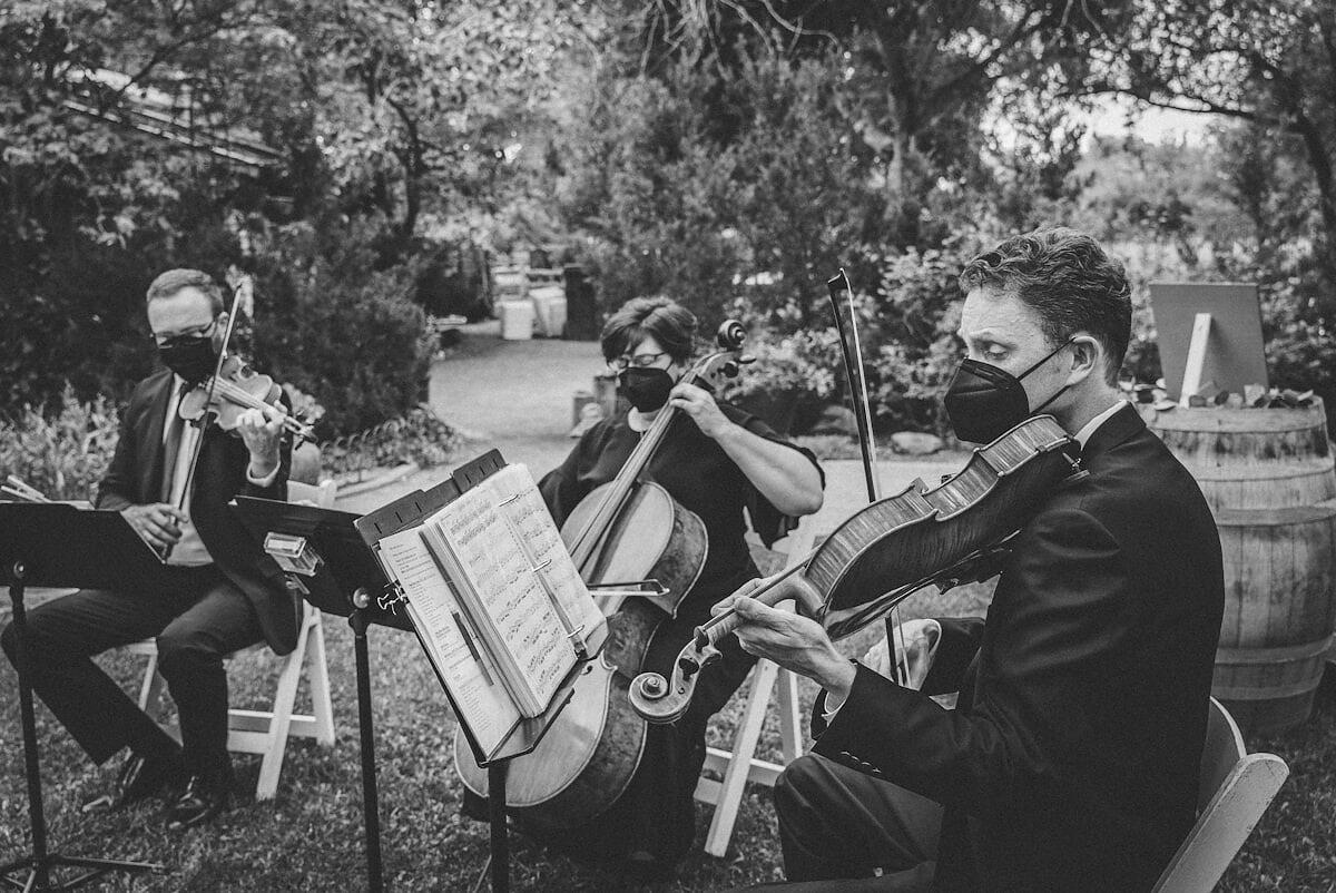 Novios disfrutando de la actuación musical en su boda