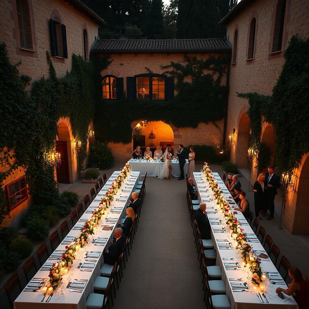 Banquete de boda en pazo gallego con arcos de piedra e iluminación romántica